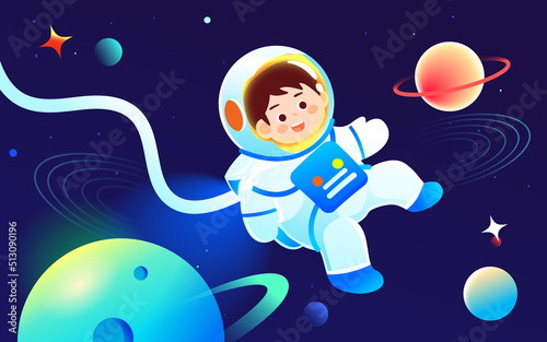Astronaut is exploring space with universe and planets in the background  vector illustration