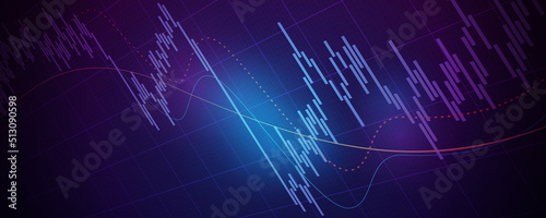 Widescreen Financial graph with abstract trend line chart in stock market on neon color background