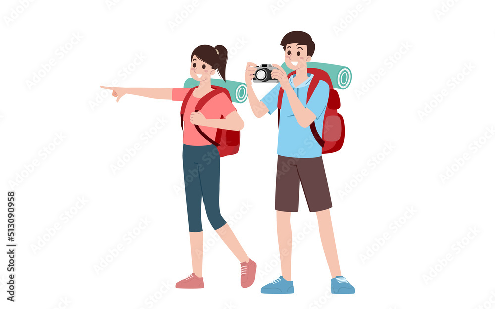 Fototapeta premium Group of young tourist characters. Traveling tourists with travel backpack going on vacation trip after covid-19 virus was diminish. Vacation people isolated vector. Summer character, woman and man.