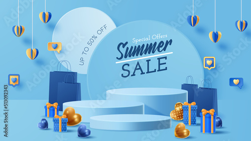 Summer display podium decoration background with beach ornament. Vector 3D Illustration