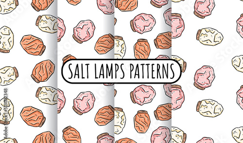 Himalayan salt lamps doodles seamless patterns collection. Modern indigenous backgrounds set with salt crystals. Relax concept cozy style template texture background tiles