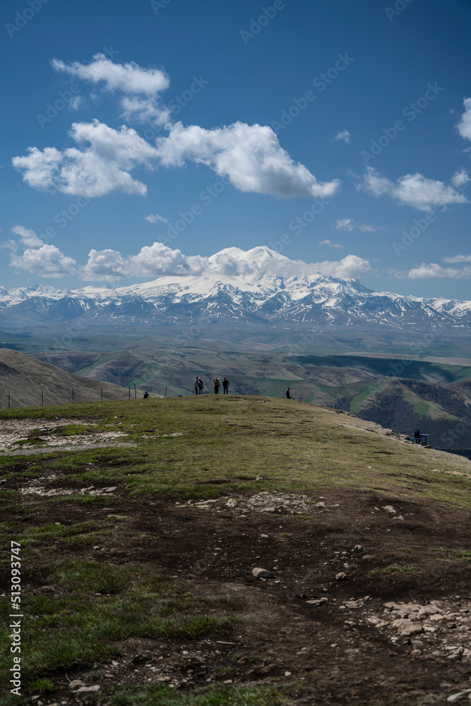 Mount Elbrus. View from the Bermamyt plateau in Russia in spring