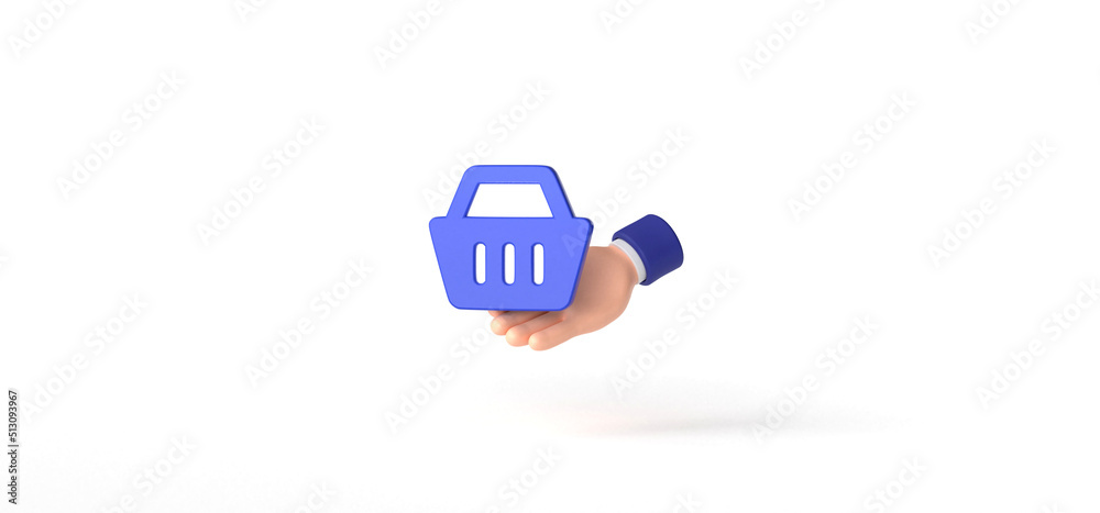 Fototapeta premium Shopping, Basket with Hand Holding Isolated on background, icon, Gesture, Cartoon, 3d rendering.