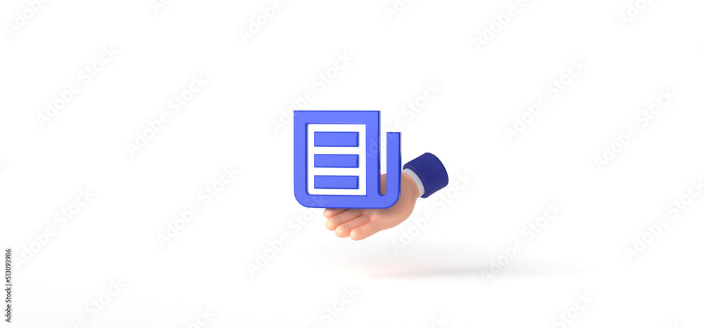 Document with Hand Holding Isolated on background, icon, Gesture, Cartoon, 3d rendering. Document with Hand Holding Isolated on background, icon, Gesture, Cartoon, 3d rendering.