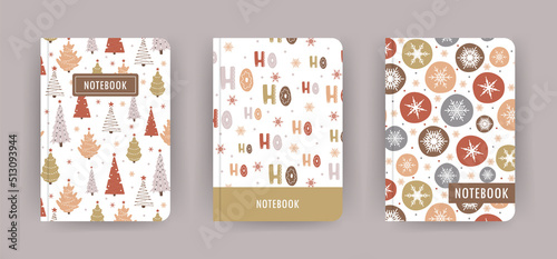 Cover page notebook collection. Templates with christmas patterns in cartoon style. Perfect for diary, books, magazines, journals, catalogs, planners and flyers. Vector layouts.