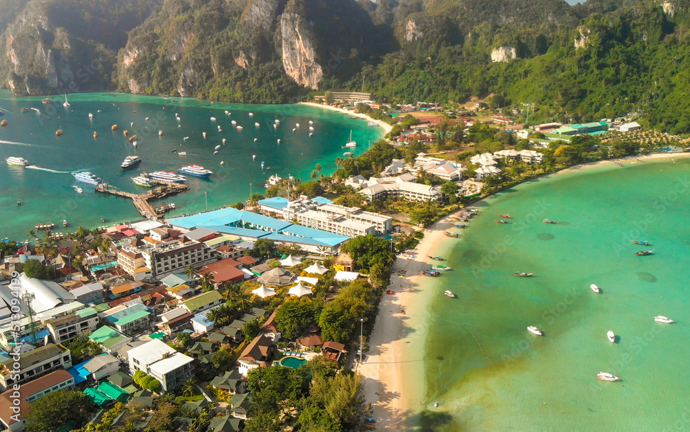 Phi Phi Don, Thailand. Aerial view of Ton Sai Beach and Loh Dalum Beach from drone on a clear sunny day.