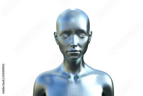 3D render portrait of a silver bald woman on a white background.