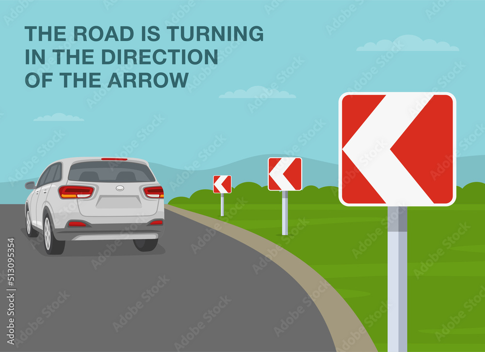 Safe car driving rules and tips. The road is turning in the direction of the arrow. Sharp curve or turn sign meaning. Back view of suv car on the road. Flat vector illustration template. Safe car driving rules and tips. The road is turning in the direction of the arrow. Sharp curve or turn sign meaning. Back view of suv car on the road. Flat vector illustration template.