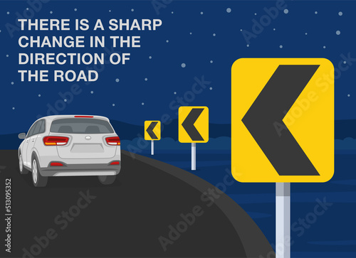 Safe car driving rules and tips. There is a sharp change in the direction of the road. Sharp curve or turn sign meaning. Back view of suv car at night city road. Flat vector illustration template.