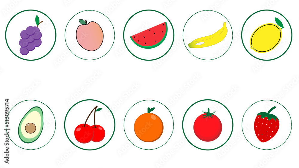 Set of fruit, avocado, strawberry, lemon, grape, watermelon, peach, orange, banana, and cherry illustration on white background for your design Set of fruit, avocado, strawberry, lemon, grape, watermelon, peach, orange, banana, and cherry illustration on white background for your design