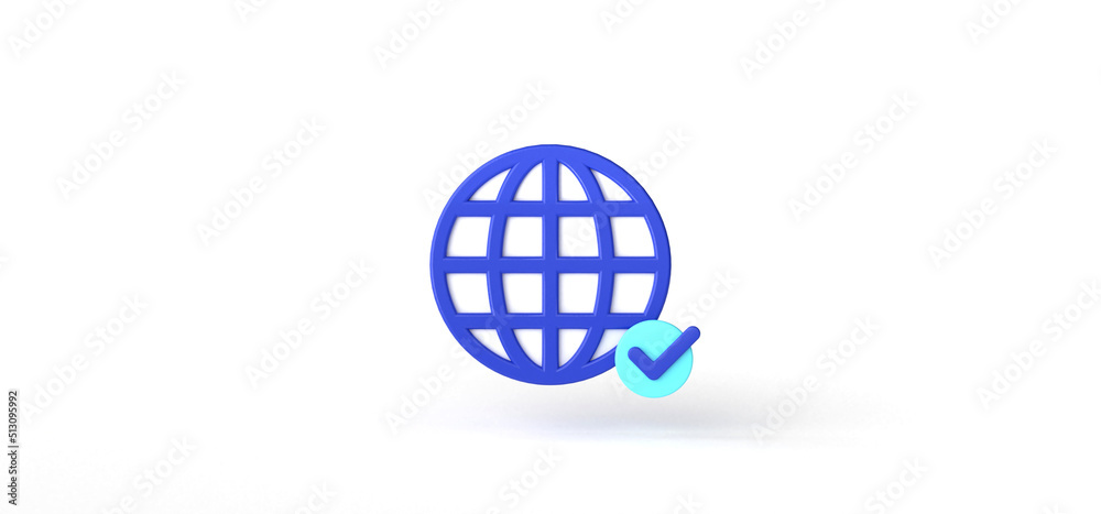 Globe with check mark Isolated on background, cartoon, icon, 3d rendering.