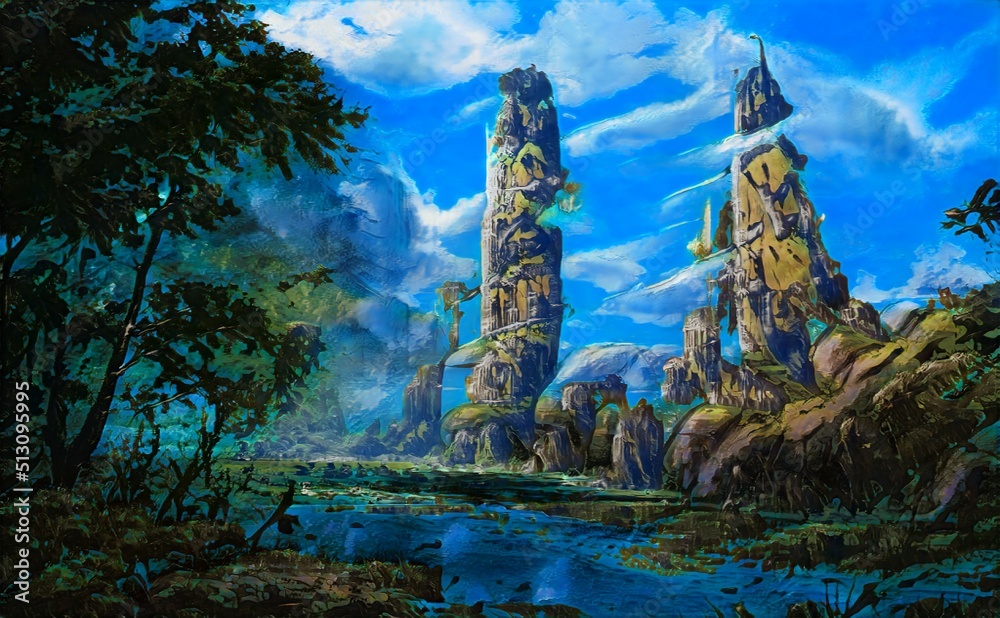 Fantasy world backgrounds with castles,buildings,mountains,alien planet,different world