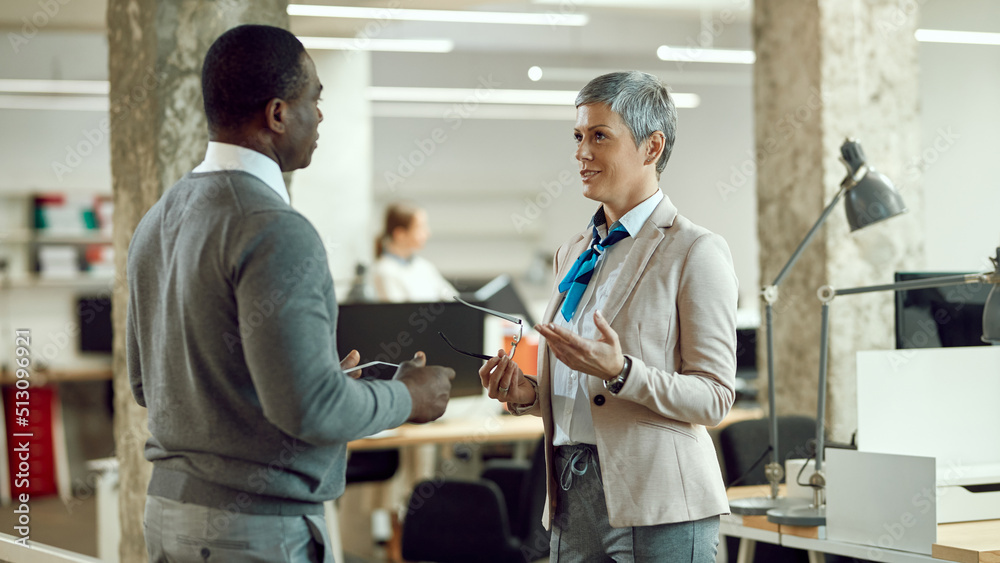 Fototapeta premium Happy female executive having briefing with African American coworker in office.