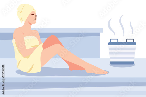 Woman Relaxing Sauna in spa, bathhouse or sauna of hot steam, Body care therapy, Wellness, cartoon characters Vector illustration.