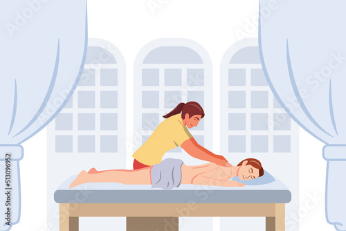 Relaxed woman getting back massage in spa with professional massage therapist. Wellness, cartoon characters Vector illustration.