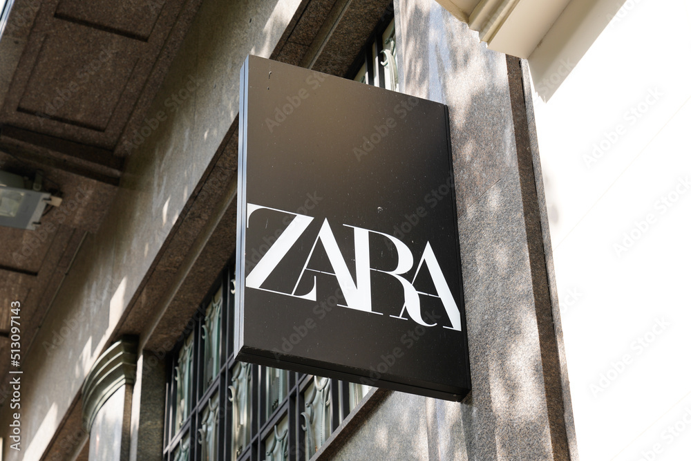 zara logo sign wall facade and store brand text of fashion spain clothing  shop Photos | Adobe Stock