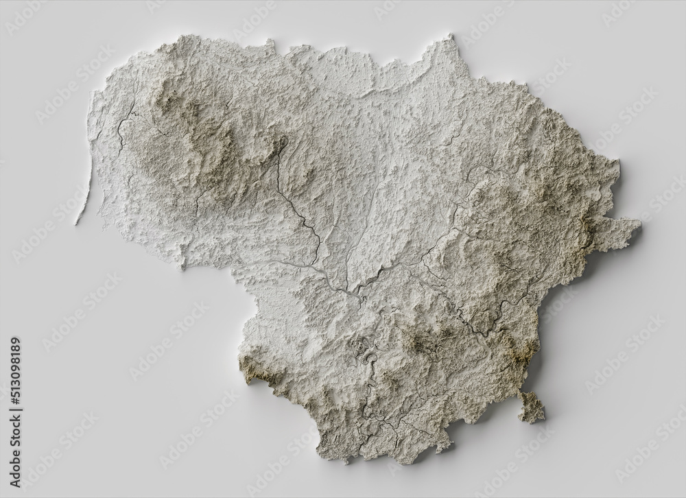 Shaded relief map with vertical exaggeration of Lithuania. Created of ...