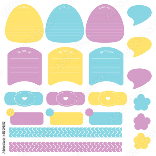 Cute paper notes. Stationary set. Scrapbook notes and cards.Printable planner stickers. To Do List note. Template for your message. Decorative planning element. Vector illustration.