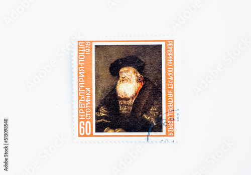 Postage stamp printed in Bulgaria shows Rembrandt: Old Man with Beard, Paintings by the Great Masters serie, circa 1978. Postal Seal Cancelled