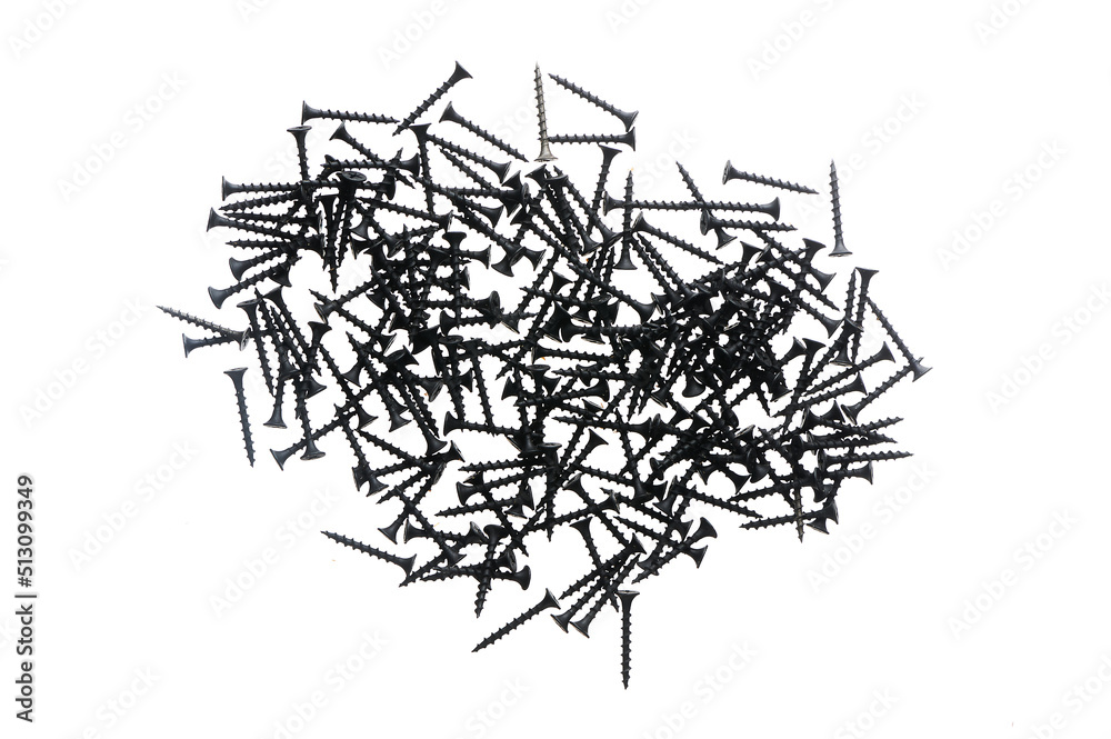 Black construction screws on wood on a white isolated background Black construction screws on wood on a white isolated background