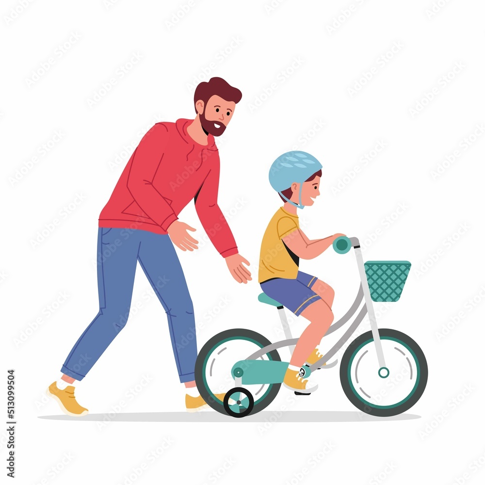 Caring dad teaching little son in helmet to ride bike for first time. Father helping boy kid riding bicycle with basket. Parenting, fatherhood concept. Parent actively spends time with child outdoors.