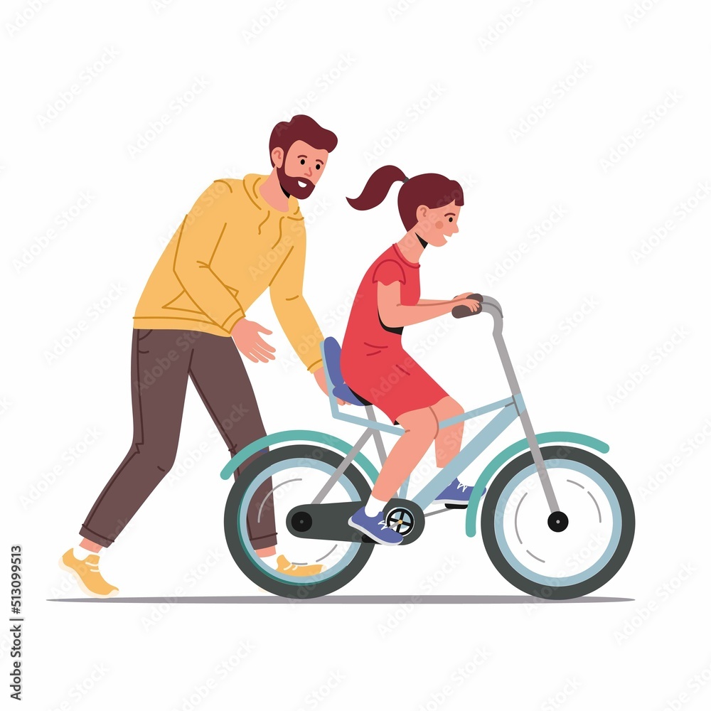 Caring dad teaching daughter to ride bike for first time. Father helping girl kid riding bicycle. Parenting, fatherhood concept. Parent actively spends time with child outdoors. Family walk in park Caring dad teaching daughter to ride bike for first time. Father helping girl kid riding bicycle. Parenting, fatherhood concept. Parent actively spends time with child outdoors. Family walk in park