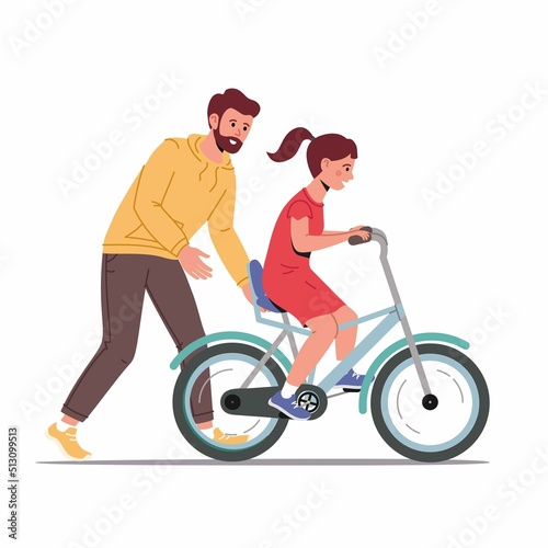 Caring dad teaching daughter to ride bike for first time. Father helping girl kid riding bicycle. Parenting, fatherhood concept. Parent actively spends time with child outdoors. Family walk in park
