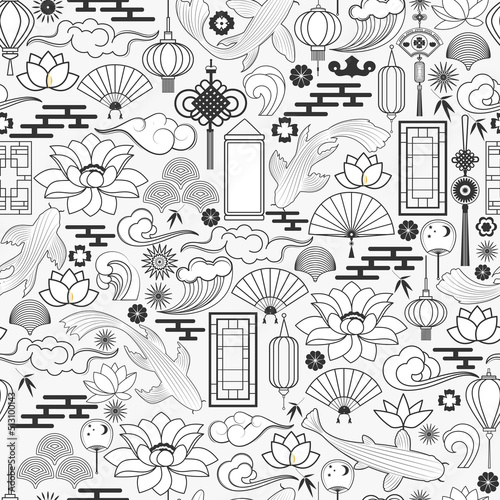 Seamless vector pattern with traditional chinese elements. Line art style.Vector background.