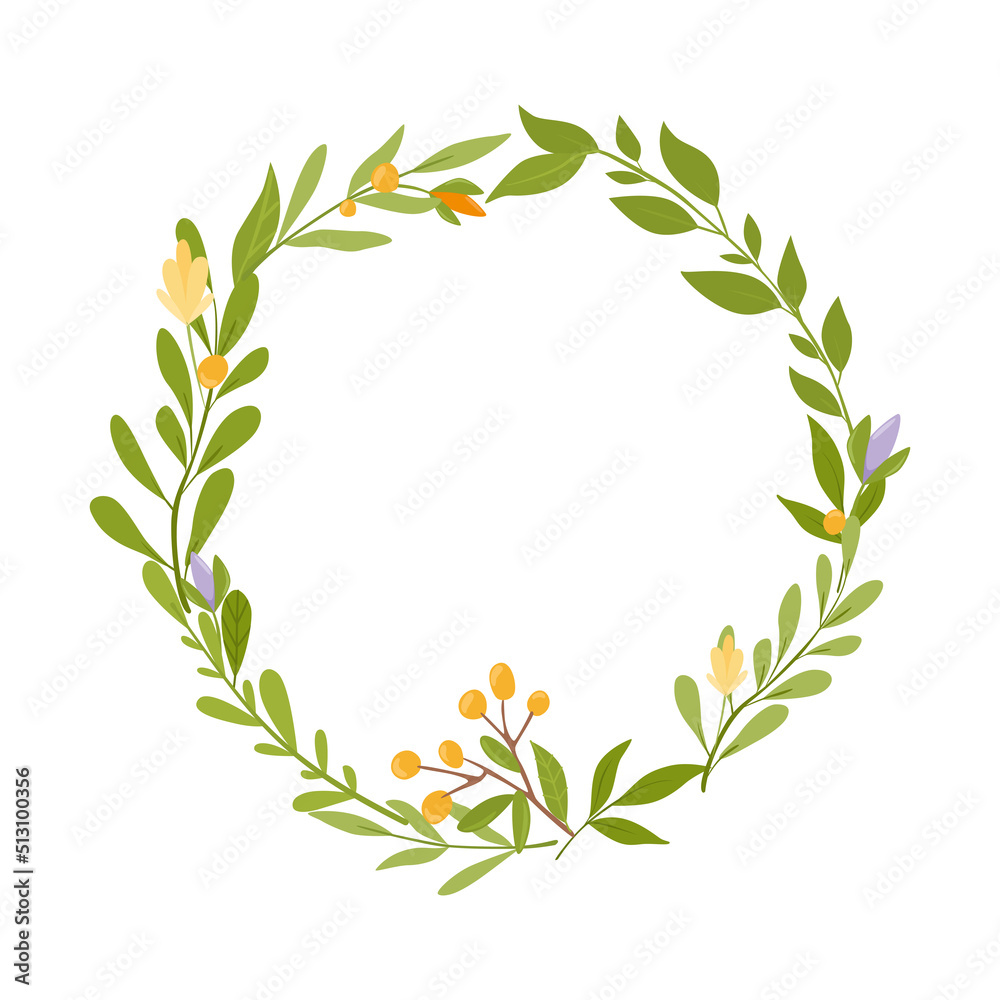 Spring plant frame, flowers leaves in a circle.