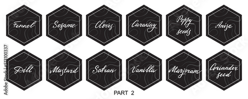 Vector set of stickers for spices.  basil, parsley, coriander, rosemary, cinnamon, chili, pepper, thyme, turmeric, black pepper, ginger, oregano, cumin, poppy, anise, garlic, dill, mustard, saffron, v