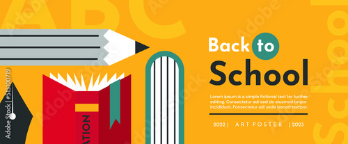 Educational illustration with  books, pencil and fountain pen. Vector school background banner or advertising.