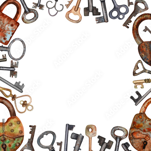 Frame, border of old rusty vintage locks and keys isolated on white background. Watercolor graphics.