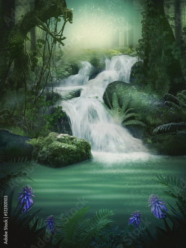 Mystisches Fantasie Hintergrundbild mit Wasserfall im märchenhaften Wald  photo