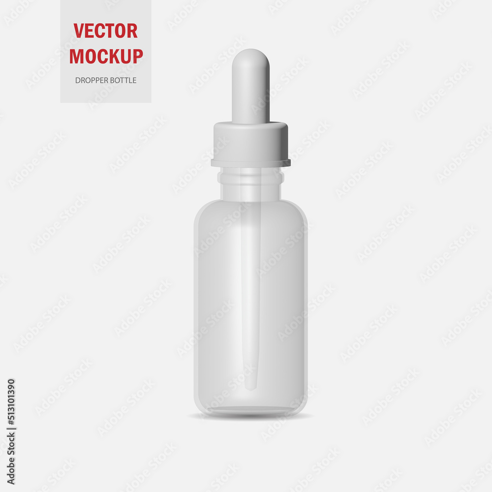 Clear glass dropper bottle. Editable glass and liquid colors. Contains accurate mesh to wrap your design with envelope distortion. Photo-realistic packaging mockup template. Vector illustration. Clear glass dropper bottle. Editable glass and liquid colors. Contains accurate mesh to wrap your design with envelope distortion. Photo-realistic packaging mockup template. Vector illustration.