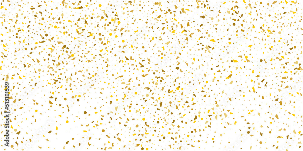 Golden glitter confetti on a white background. Illustration of a drop of shiny particles. Decorative element. Luxury background for your design, cards, invitations, gift, vip.