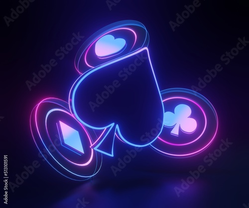 Aces playing cards neon colored symbol with casino chip - 3d illustration