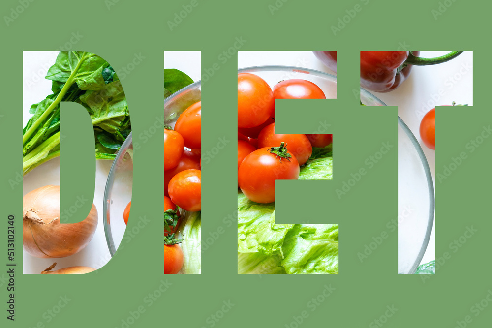 Word diet is made from vegetables fruits. Concept of healthy food for