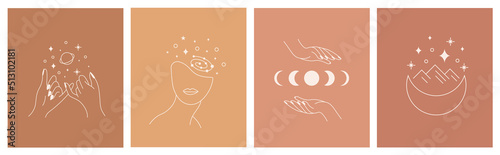 Mystic astrology cards set. Hand drawn magic vintage signs, esoteric cult fairy poster design. Line celestial objects, woman witch and occult emblems. Vector abstract zodiac symbols
