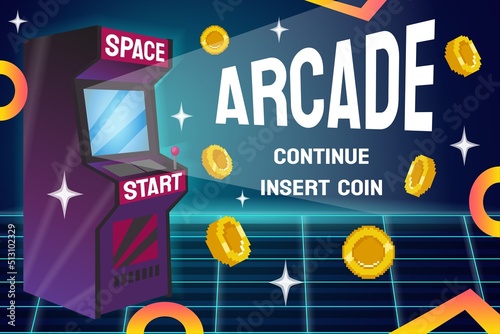 Retro game machine. Arcade screen party poster with video console entertainment. Neon grid and pixel gold tokens. Playing club banner. Old glowing monitor. Vector illustration design