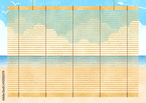 すだれと海と空の手描き水彩背景