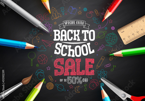 School sale vector banner design. Back to school text in colorful hand drawn education supplies for promotion discount background. Vector Illustration.  
