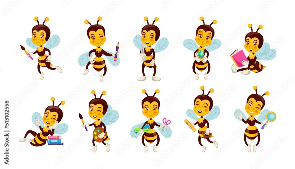 Bee in school. Animal character holding stationery and books. Incest with graduation scroll. Cartoon mascot of kindergarten or college education. Studying wasps set. Vector creative design Bee in school. Animal character holding stationery and books. Incest with graduation scroll. Cartoon mascot of kindergarten or college education. Studying wasps set. Vector creative design