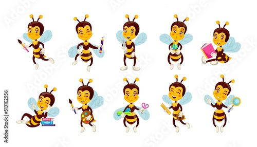Bee in school. Animal character holding stationery and books. Incest with graduation scroll. Cartoon mascot of kindergarten or college education. Studying wasps set. Vector creative design