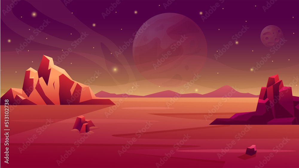 Mars planet space. Alien landscape surface of moon. Ground for game. Desert backdrop scene. Cosmos horizon. Mountain cliffs. Cosmic panorama with rocks and sky. Vector cartoon background