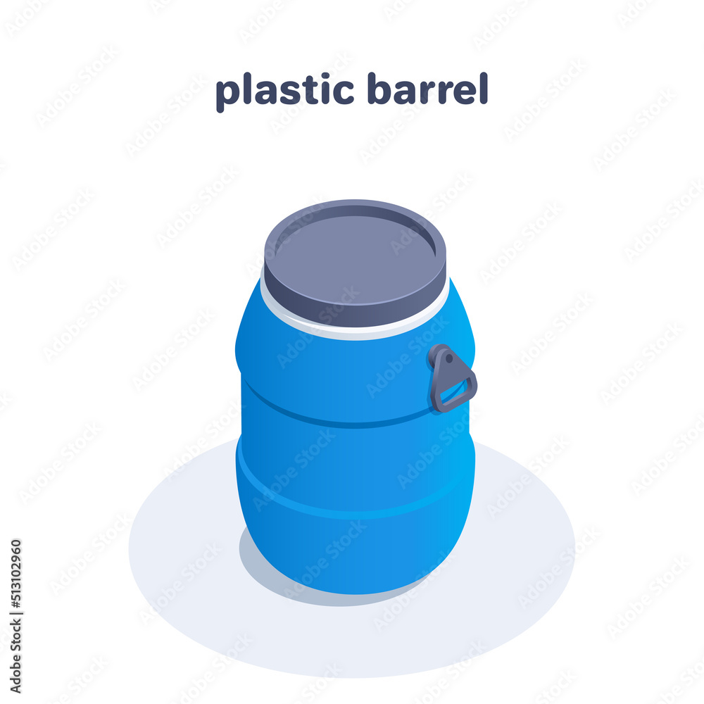 isometric vector illustration isolated on white background, blue plastic barrel with black lid, container for liquid or bulk cargo isometric vector illustration isolated on white background, blue plastic barrel with black lid, container for liquid or bulk cargo