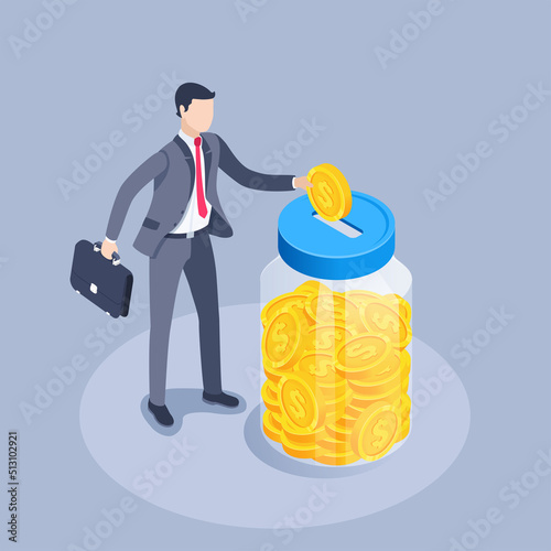 isometric vector illustration on a gray background, a man in a business suit with a briefcase throws a gold coin with a dollar icon into a glass jar, personal financial savings