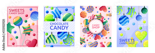 Candy posters. Confectionery food, bright colorful lollipops and caramel for vintage cards, labels and brochures, vertical background, retro bakery flyers sweet cafe. Vector banner set