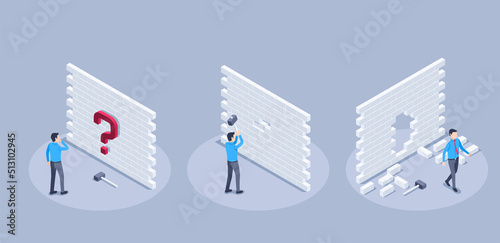 isometric vector illustration on a gray background, a man in business clothes breaks through a brick wall with a hammer and overcomes an obstacle