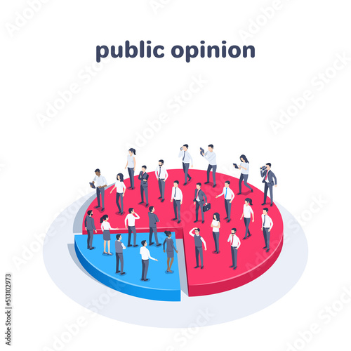 isometric vector illustration isolated on white background, people in business clothes stand on pieces of a pie chart, public opinion or electorate division