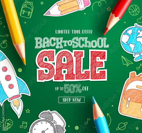 Back to school sale text vector banner. School sale limited offer for discount flyers and shopping promo in green background design. Vector Illustration.
